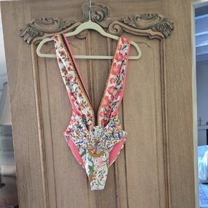 Agua Bendita Floral One Piece Swimsuit - New With Tags. Pink and White